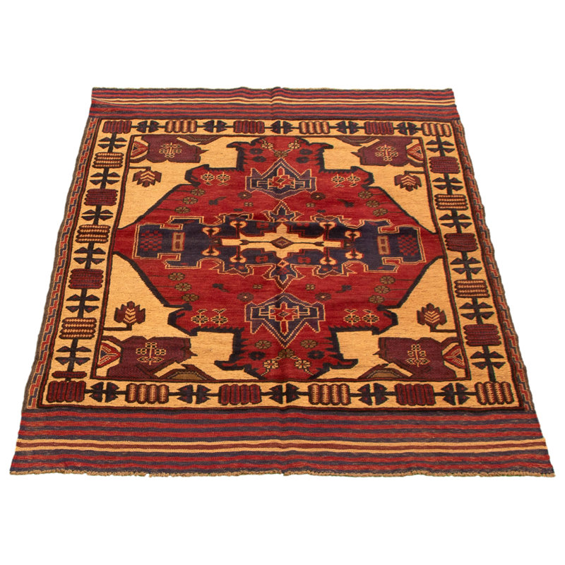 Tapis décoratif en laine noué à la main de conception unique 4 pi 1 po x 6 pi 1 po Charsie rouge/beige