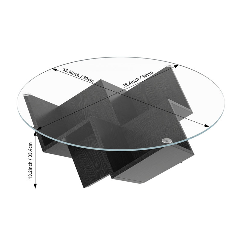 La table basse ronde avec plateau en verre et tablettes de rangement à motif géométrique abstrait Art Deco, Black