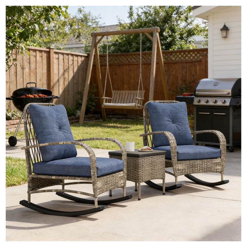 Ensemble de mobilier de patio 3 pièces en osier avec table carrée et deux chaises, ensemble bistro extérieur gris ou bleu clair