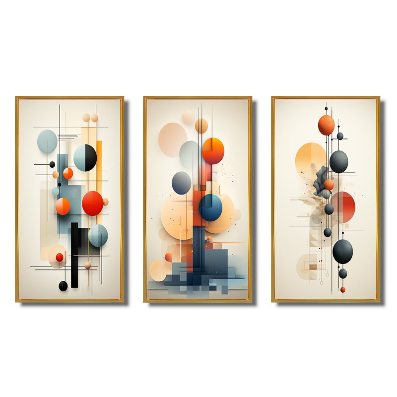 «Dimensions Of Balance Abstract Geometrics», 3 pièces, Cadre flottant doré, H 20 po x l 36 po