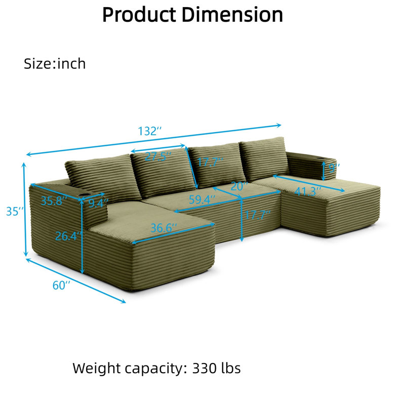 Canapé modulaire en forme de U 132 po Corduroy Cloud, sans assemblage, avec méridienne et porte-gobelets, bleu, 4 places