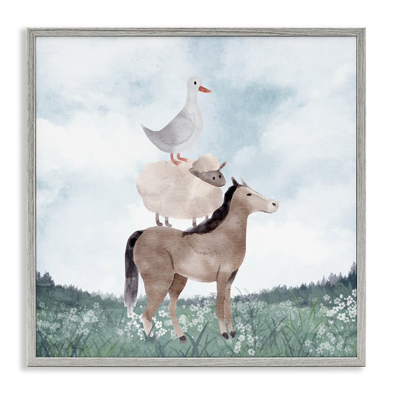 Giclée encadrée de la ferme du ciel bleu discret, design par Kim Allen, Giclée de ferme grise encadrée, H 17 po x l 17 po