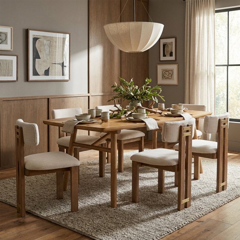 Modern Farmhouse Dining Set - Solid Wood Table With Metal Accent Chairs - 5/7 Piece Kitchen Set, Natural, Linen