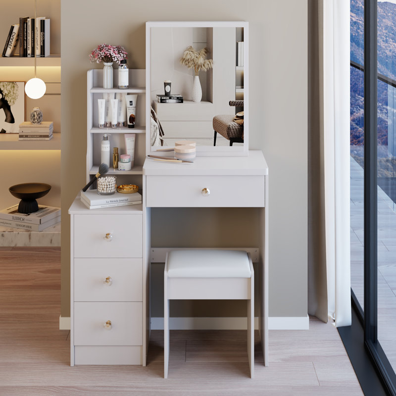 Petite coiffeuse 29,2 po avec tabouret de chevet gauche + tabouret rembourré, très grand miroir coulissant à droite, rangement multi-couches à grande capacité, commode pratique et pratique, convient aux petits espaces