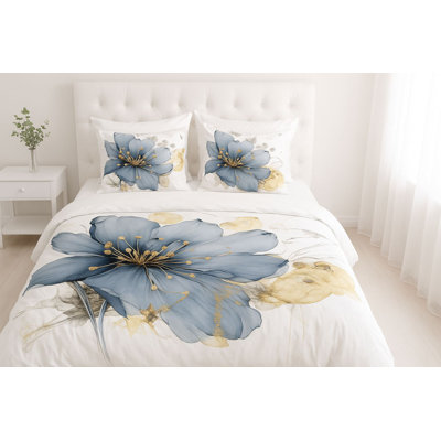 King Quilt Cover Set, White/Blue/Gold, 102 x 87 | 70% Cotton / 30% Polyester, 145 Thread Count | Includes 2 Pillowcases (24 x 24) | Machine Washable, Button Closure for Duvet, Elegant Design for Luxurious Bedrooms