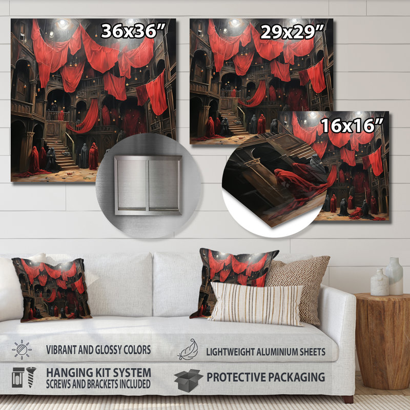 Rouge et noir, théâtre dramatique expressionniste - art mural en métal, H 36 po x l 36 po