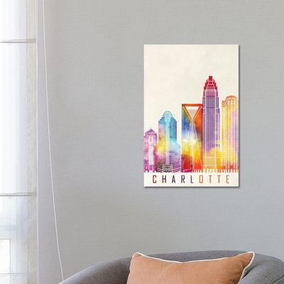 Charlotte Landmarks Watercolour by Paul Rommer - Wrapped Canvas Gallery-Wrapped Canvas Giclée