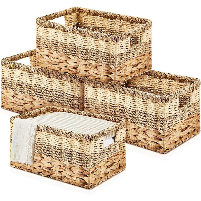 Ensemble de 4 paniers de rangement tissés en jacinthe d'eau et jacinthe d'eau avec poignées - Bacs de rangement carrés pour tablettes et chambres à coucher - Naturel -