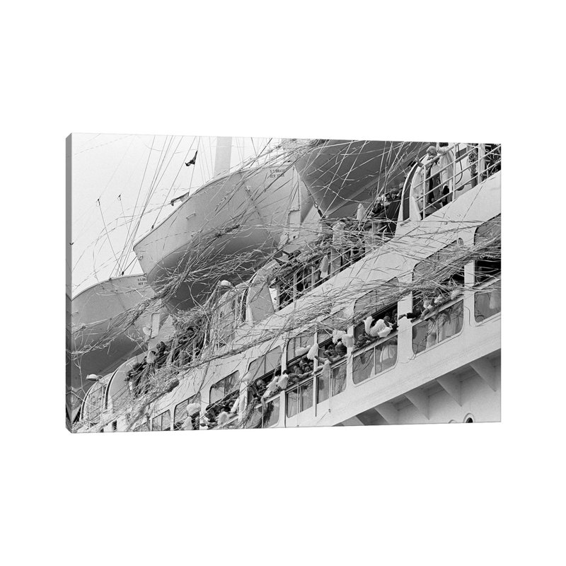 1970s Crowd Gathered On 2 Levels Of Deck Of Large Departing by Vintage Images - Wrapped Canvas Print, 20.32 cm H x 30.48 cm W