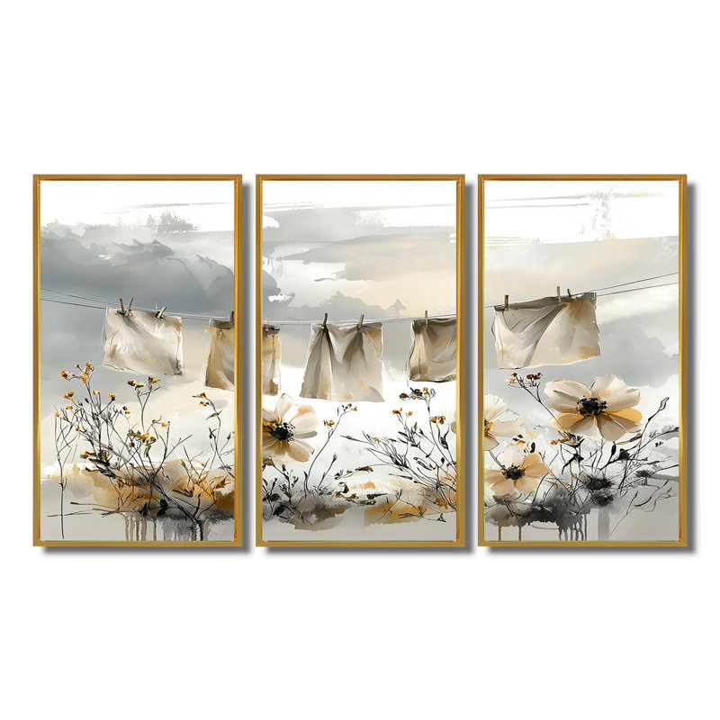 Gris - Hanging Out Laundry II - ensemble d'art mural, Toile avec cadre flottant or, H 28 po x l 36 po x P 1 po
