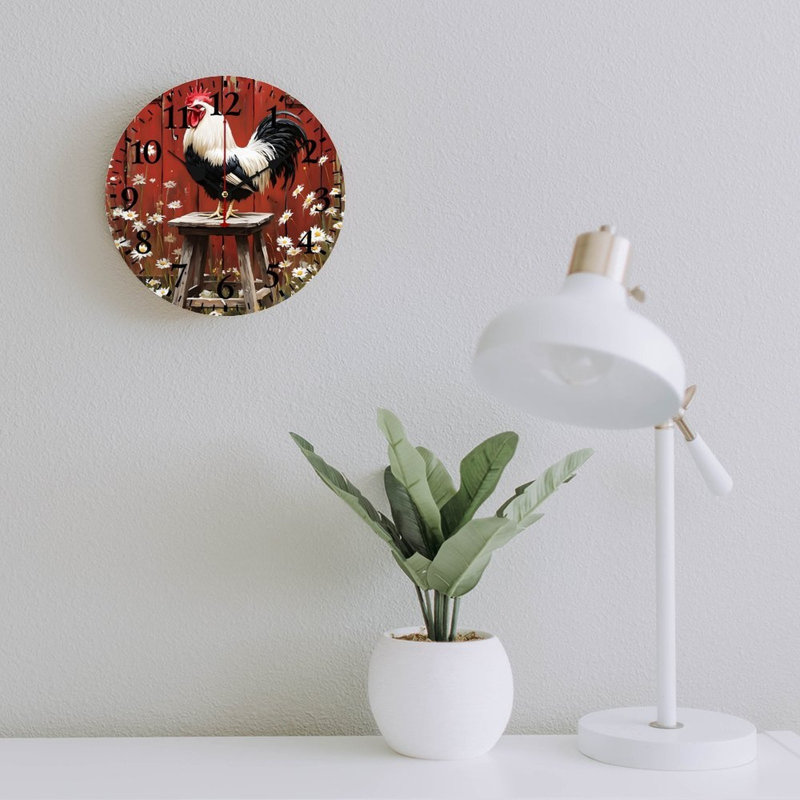 Horloge murale rouge, coq de ferme, 12 po x 12 po