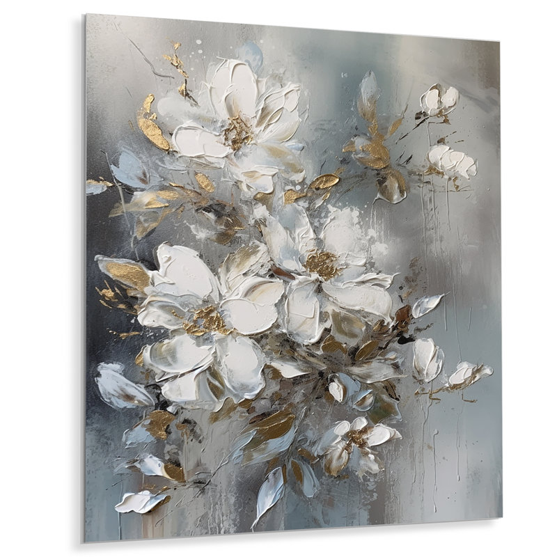 Symphonie de pommier blanc et or blanc sur métal, H 40 po x l 30 po x P 1 po