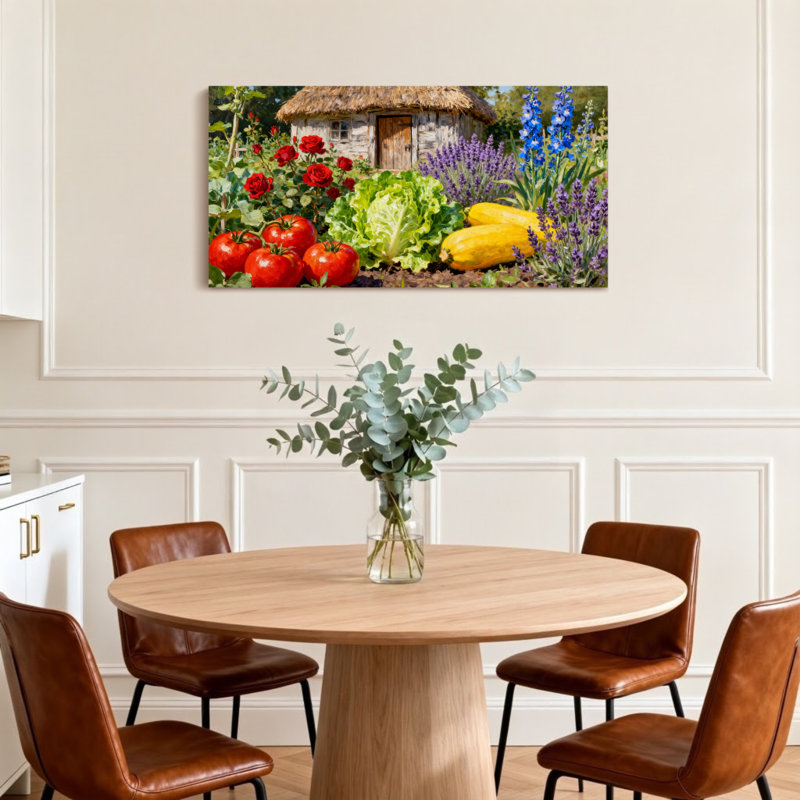 Maison de campagne avec tomates et fleurs, H 20 po x l 40 po