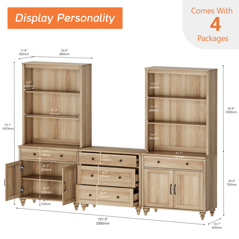 Scarlett 72.1"H X 67.7"W Bookcase With 5 Drawers And 2 Cabinets, Tall Book Case With Two 3-Tier Open Book Shelfs, Large Wood Bookcases Farmhouse Bookshelves For Living Room Bedroom Home Office Kitchen, 72''