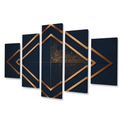 «Rhombus in Deep Blue and Gold Abstract IV», reproduction sur toile géométrique moderne - 5 panneaux