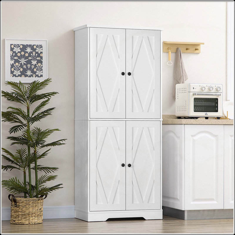 Garde-manger autoportant avec 4 portes de grange et tablettes réglables, blanc