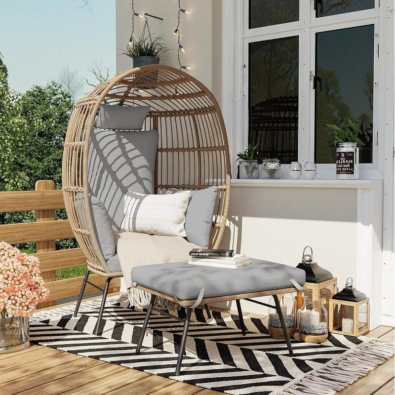 Patio Egg Chair Outdoor with Ottoman - Wicker Egg Chair Oversized Patio Lounge Chairs with Cushions, Metal Frame Stand, for Balcony, Patio, Living Room, Gery