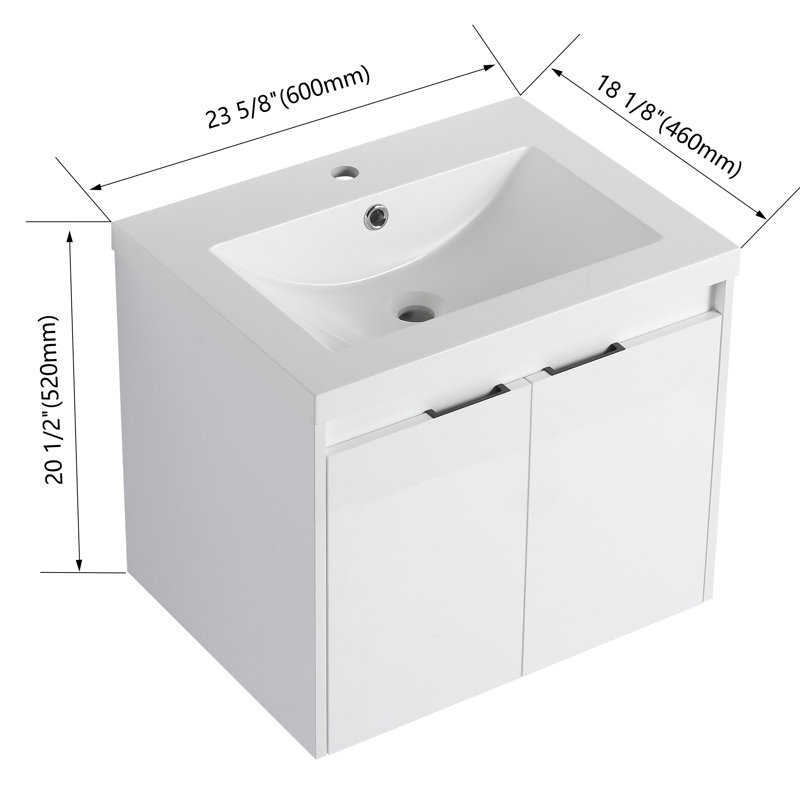 Meuble-lavabo 24 po avec lavabo en résine, 2 portes à fermeture douce, montage flottant, blanc brillant - contreplaqué