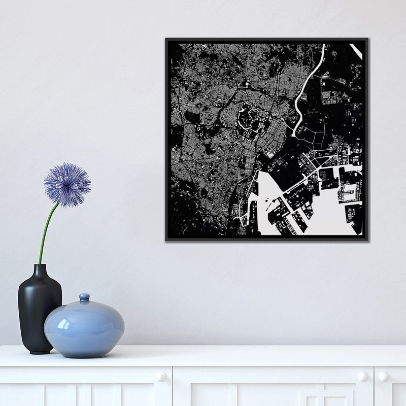 « tokyo », impression carrée sur toile tendue, H 18 po x l 18 po x P 1,5 po, Toile avec cadre noir, Pas de tapis