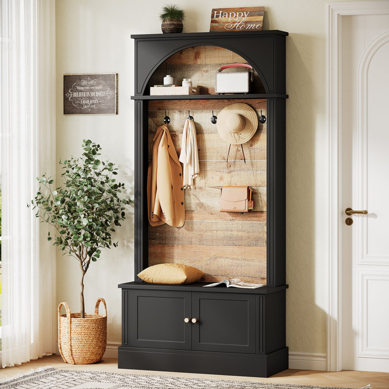 Hall Tree With Bench And Shoe Storage, 4-In-1 Entryway Bench With Coat Rack, Black/Brown