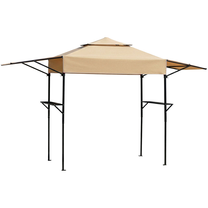 Abri de jardin pour barbecue à toit double 3,3 x 12,5 pi avec abat-jour réglables et plateaux en filet noir, Kaki