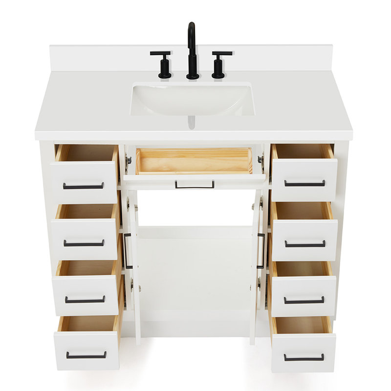 Tidworth 42' Solid Wood Single Bathroom Vanity with 1.5' White Quartz Top, Blanc / noir mat, Forme rectangulaire