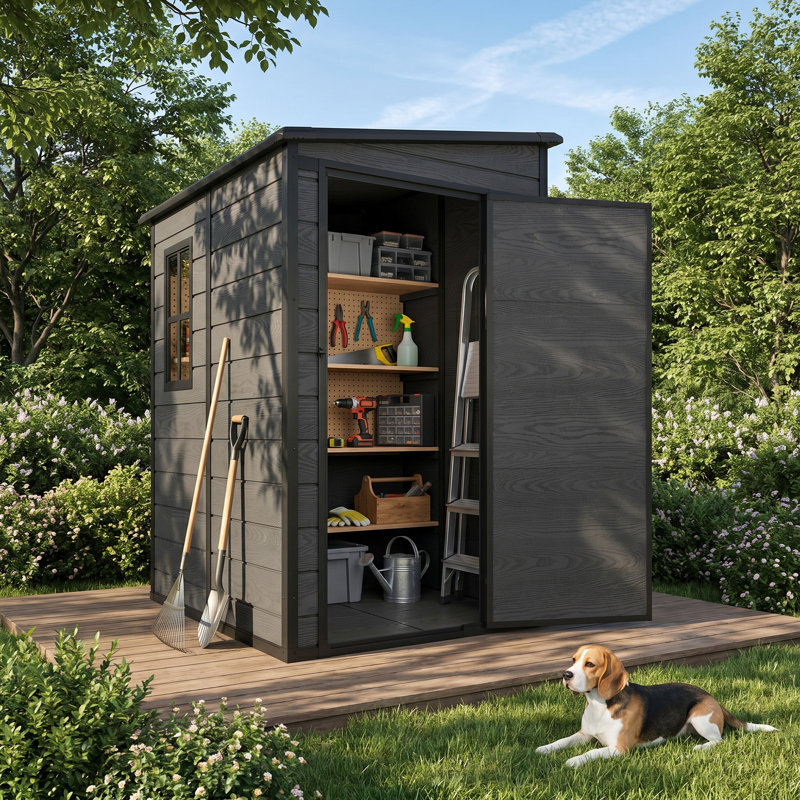 5 ft. W x 4 ft. D Resin Lean-to Storage Shed, 75.8" H x 59.98" W x 48" D, Black