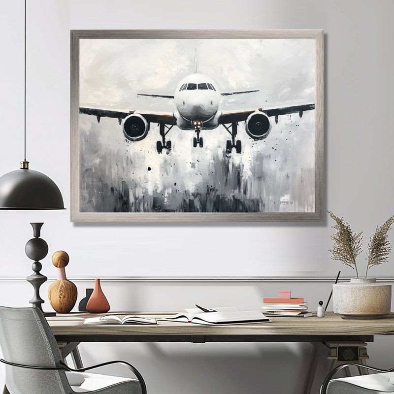 Aquarelle, avion, atterrissage sur la piste III - impression murale, H 30 po x l 40 po, Argent argent