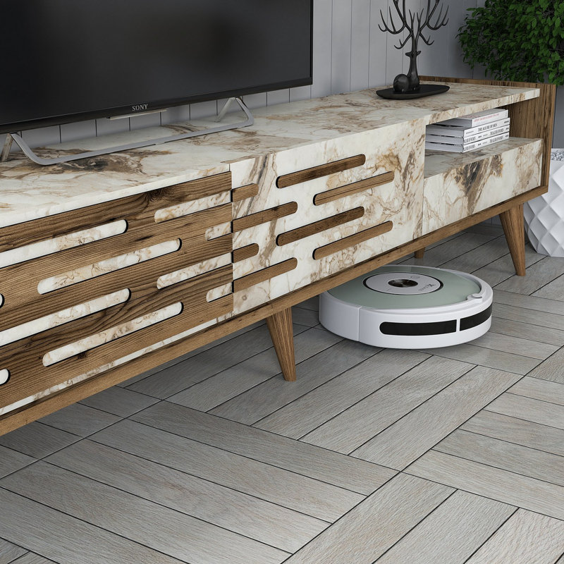 Meuble télé moderne avec tablette murale et armoire, noyer et marbre blanc, 70,9 x 13,8 x 17,7 pouces | 100% panneau de particules enduit de mélamine, épaisseur: 0,7 pouce | Nombreuses tablettes et rangement supplémentaire, design scandinave