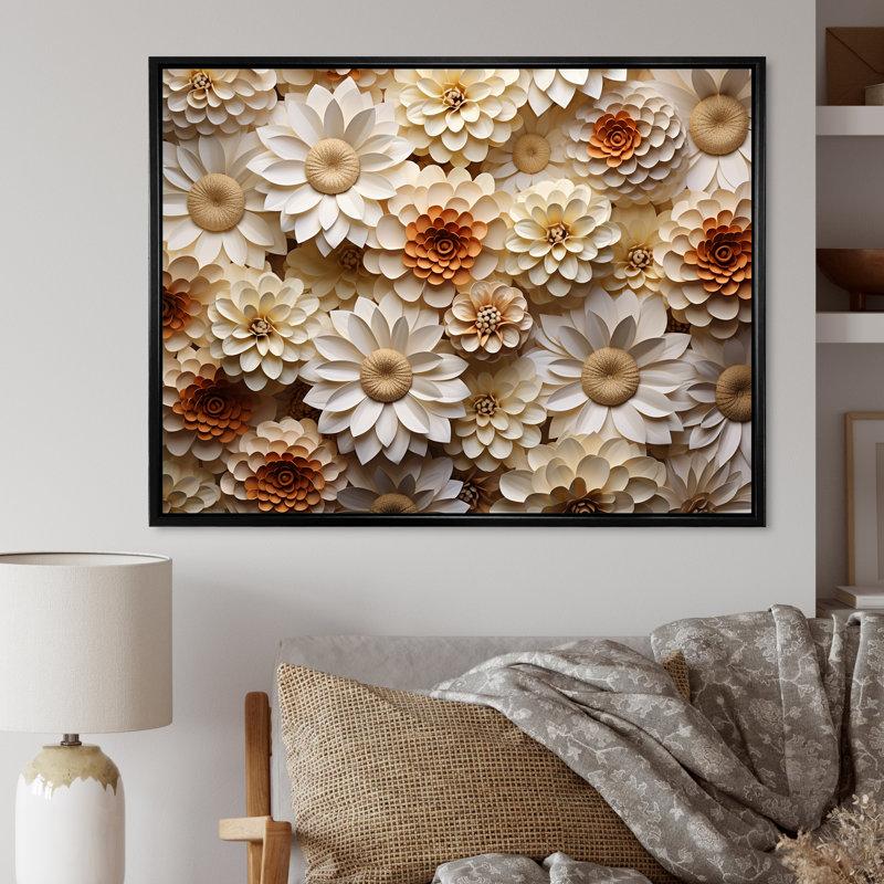 «Vibrant White Zinnias Collage» sur toile, Cadre flottant noir, H 16 po x l 32 po