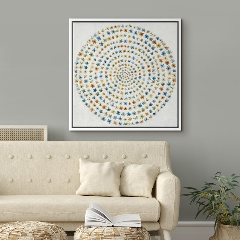 Motif floral de mandala avec motif floral bleu doux et vert terre, motif botanique circulaire sur toile encadrée, art mural de la chambre principale