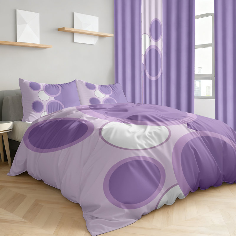 Ensemble de literie et de rideaux à motif géométrique lavande 9 pièces pour grand lit (grand) - Couvre-lit matelassé en microfibre + voilages