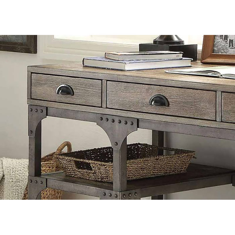 Weathered Oak and Antique Silver Industrial Writing Desk with Drawers