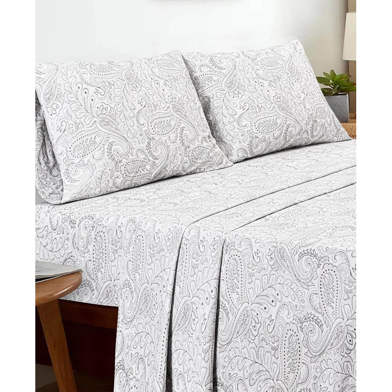100% Cotton King Size Bed Sheets Set with Deep Pockets, Cozy Percale sheets with Elastic Fitted Sheet 4 Piece Bedding and Pillowcase set, Paisely Gray