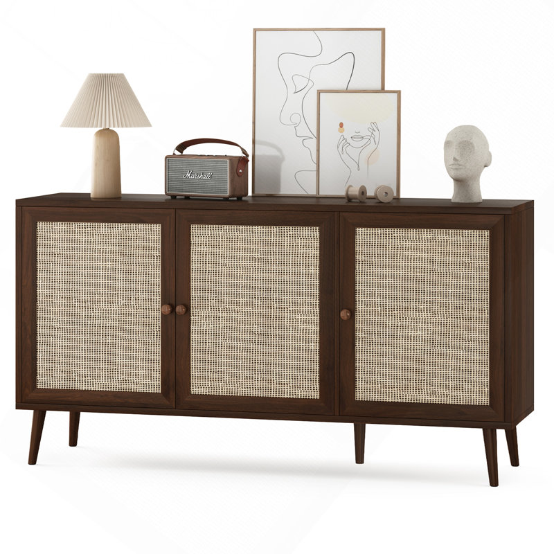 Buffet Buffet avec 3 portes en rotin, console de rangement de cuisine moderne pour le vestibule (grand, noyer)