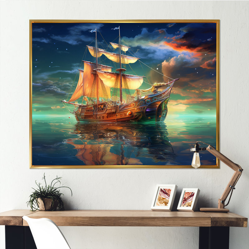«Boat Magical Waters II», reproduction d'art sur toile, 16" H x 32" W, Cadre photo noir