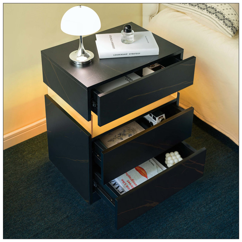 LED Nightstand 3 Drawer Acrylic Board Bedroom End Table, Black/Gold