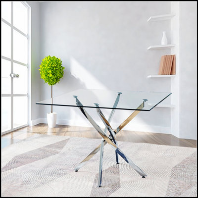 Table carrée contemporaine en verre trempé transparent avec pieds en acier inoxydable durable, parfaite pour les intérieurs modernes et les petits espaces.