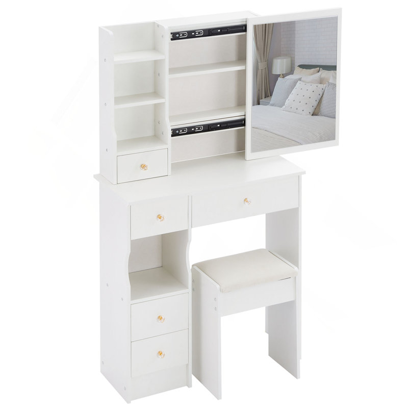 Compact Left Drawer Vanity Table With Cushioned Stool And Extra Large Sliding Mirror, White
