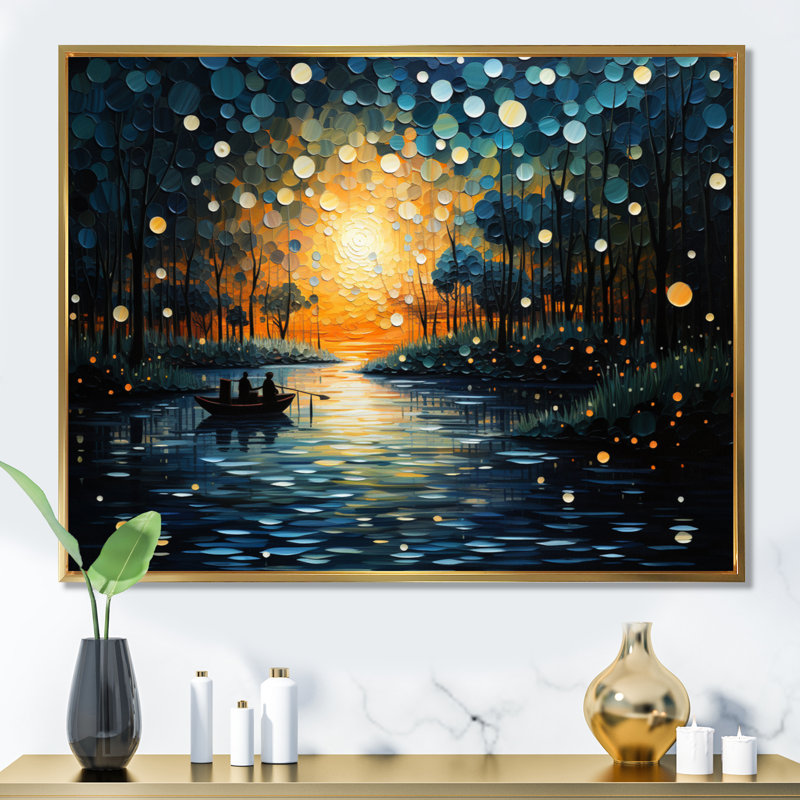" Pointillism River At Sunrise ", 24" H x 32" W x 1" D, Gold Floater Framed
