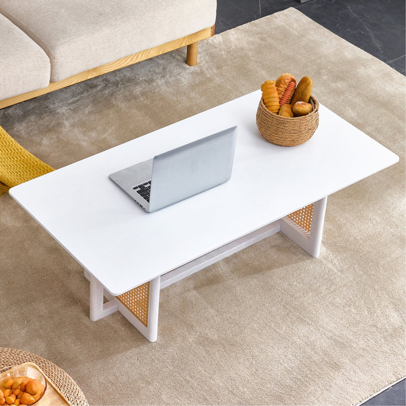 Table basse de style chinois en bois massif blanc et imitation rotin, table basse rectangulaire en bois massif, petite table basse de salon