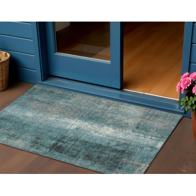 Tapis d'extérieur lavable abstrait bleu sarcelle et ivoire 3 pi x 5 pi