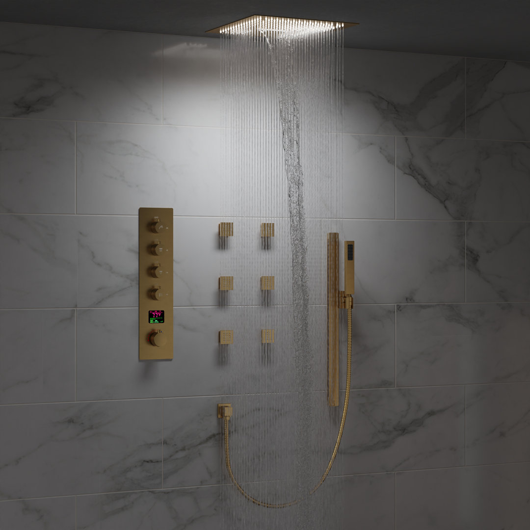 Thermostatic Digital Display Shower System, Ceiling Mount 2-Function 16" LED Rainfall Shower Head with Handheld Spray EVERSTEIN 