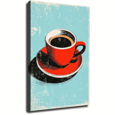 Impression rétro rétro sur toile tendue, représentant une tasse à café rouge sur fond bleu vieilli, idéale pour le salon ou la chambre.