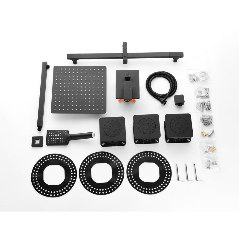 Bathroom Shower System In Matte Black With Stable Water And Spray: Head, Hand Shower, Slide Bar, Bodysprays, Arm, Hose, Valve Trim Functional Design: