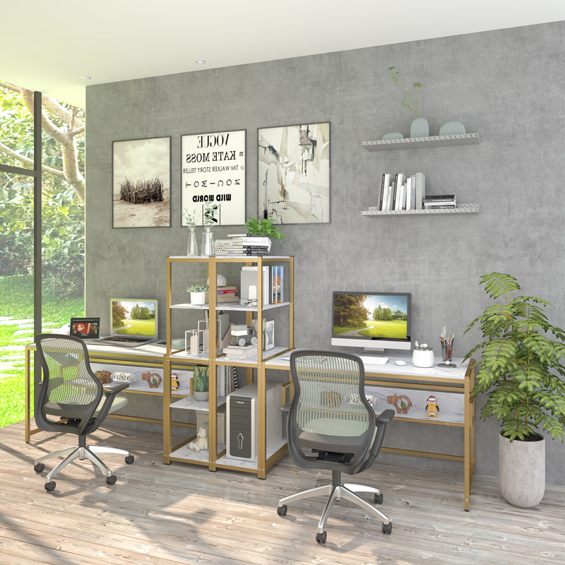Bureau d'ordinateur en T Panos, Marbre / or, H 55,78 po x l 62,99 po x P 23,62 po