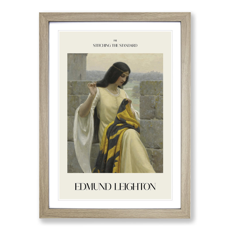 Stitching The Standard by Edmund Leighton - Single Picture Frame Print, Oak Framed, 48cm H x 36cm W x 2cm D
