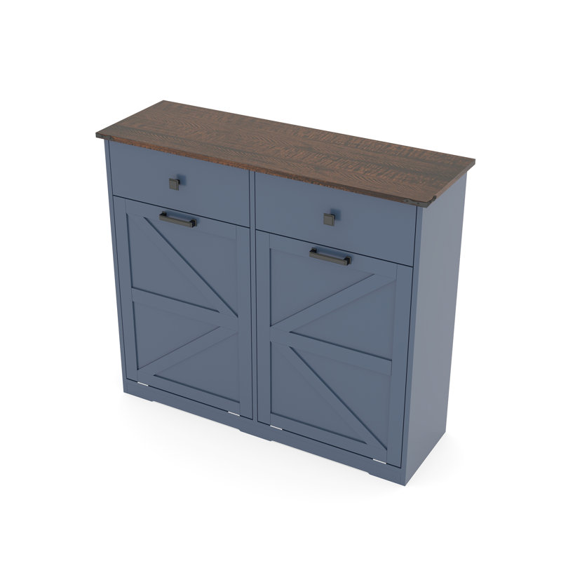 Armoire à ordures inclinable bleue pour bacs de 2 x 10 gallons, buanderie stable et peu encombrante, style porte de grange avec plateau de table imperméable à finition élégante, tiroirs de rangement à charnières lisses