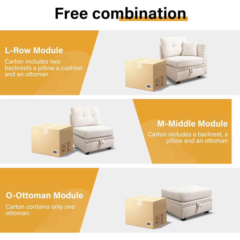 Vintage Modular Sectional Sofa, Convertible Multiple Combination Sofa Couch With Storage, Memory Foam, Vintage Copper Nail Modular Sectionals L-Row Module (1 Side Stool)