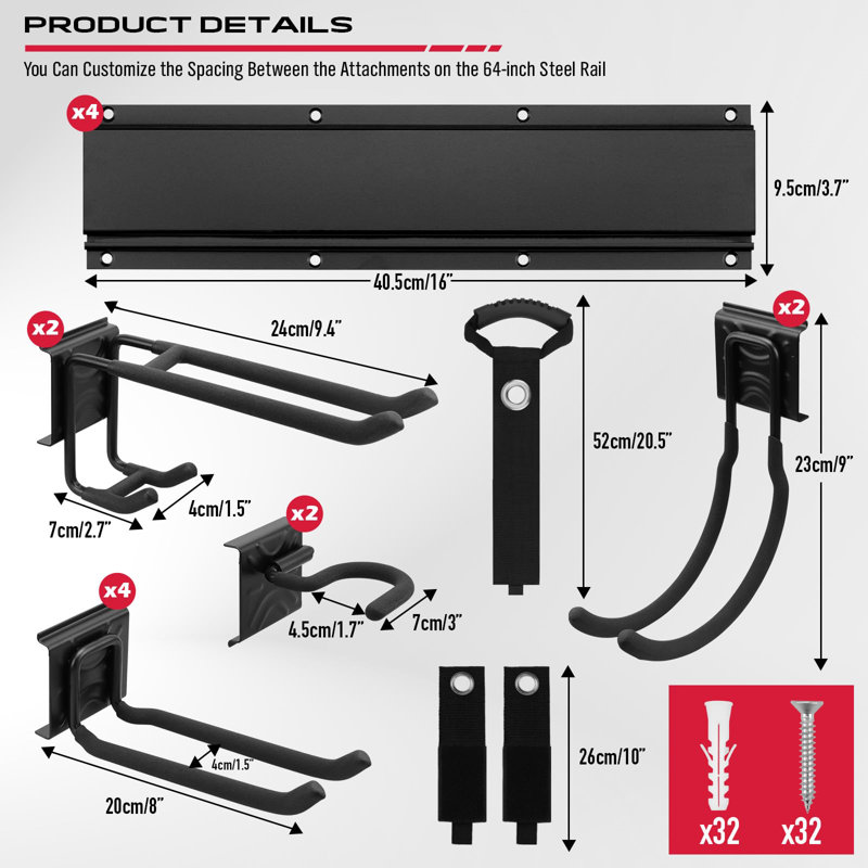 Support mural 64 po pour rangement de garage robuste, support à outils avec crochets réglables, antirouille, capacité de 300 lb (4 supports, 10 crochets, 3 sangles)